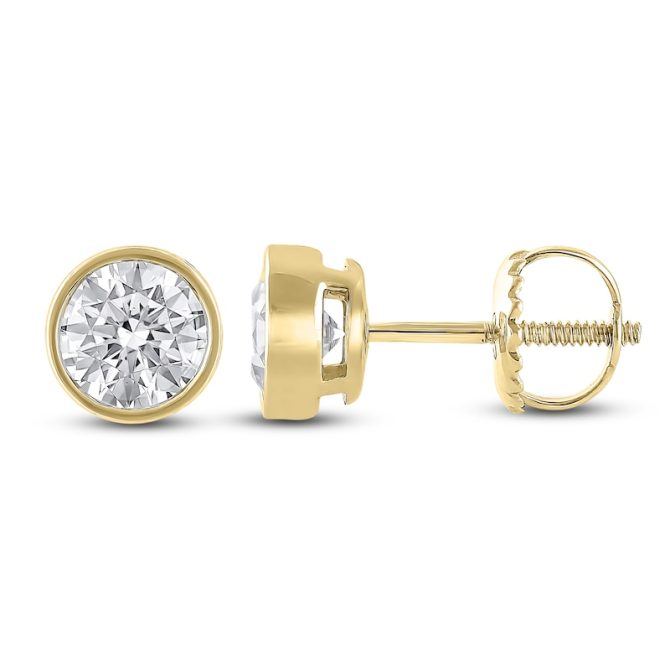 Round-Cut Lab-Created Diamond Bezel-Set Solitaire Stud Earrings | 1 ct tw | 18K Yellow Gold