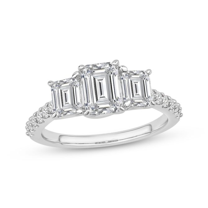 : 2 Carat Lab-Grown Emerald-Cut Three-Stone Diamond Engagement Ring in 14K White Gold | Evolve Collection - Image 4