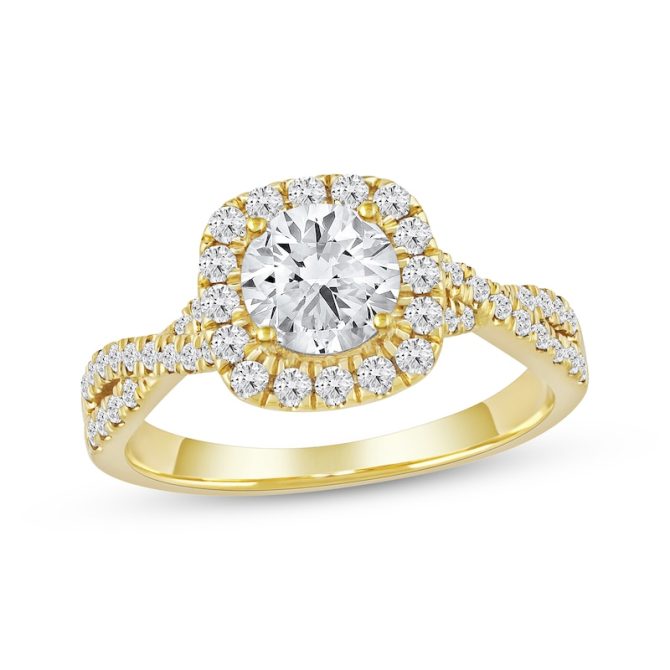 1-1/2 Carat Lab-Grown Round-Cut Halo Diamond Engagement Ring in 14K Yellow Gold | Evolve Collection