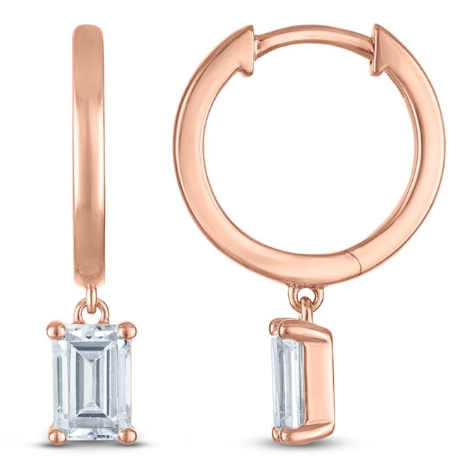 Emerald-Cut Lab-Created Diamond Solitaire Dangle Hoop Earrings | 1-1/2 ct tw | 14K Rose Gold - Image 2