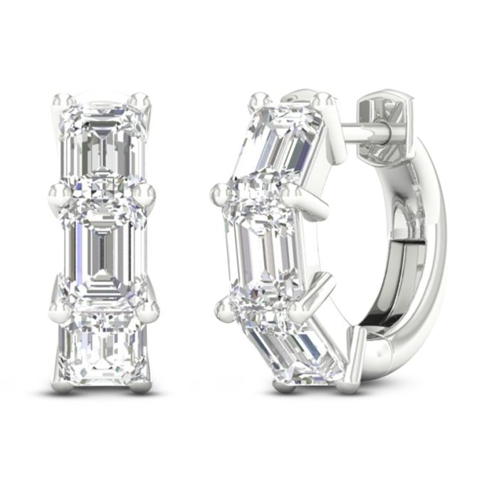 Emerald-Cut Lab-Created Diamond Three-Stone Hoop Earrings | 3 ct tw | 14K White Gold - Image 2