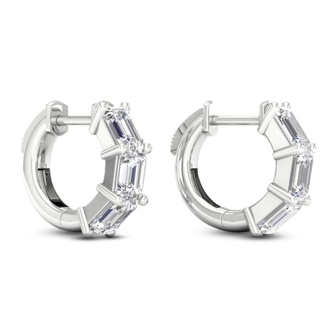 Emerald-Cut Lab-Created Diamond Three-Stone Hoop Earrings | 3 ct tw | 14K White Gold - Image 3