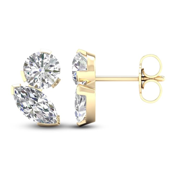 Marquise & Round-Cut Lab-Created Diamond Two-Stone Earrings | 2 ct tw | 14K Yellow Gold - Image 3