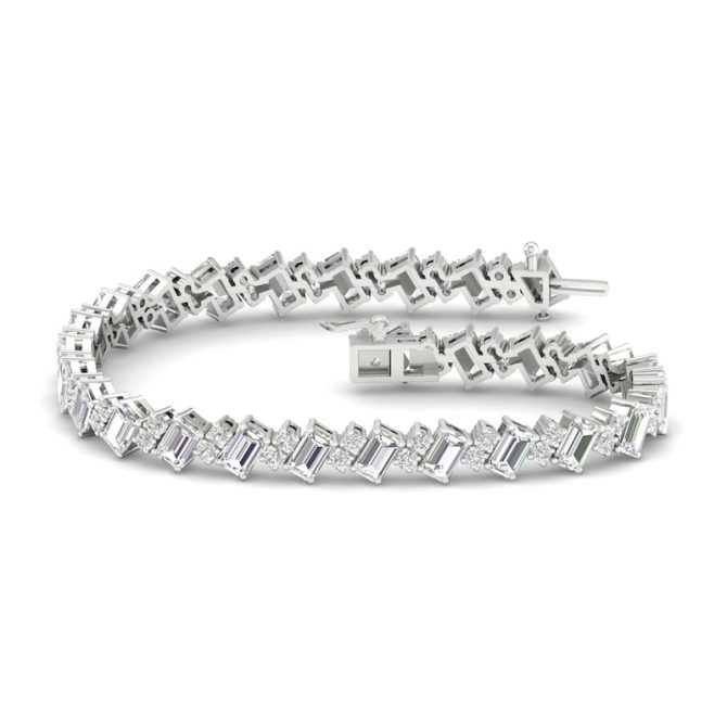 Lab-Created Diamond Tennis Bracelet 8-1/2 ct tw Emerald & Round Cut 14K White Gold