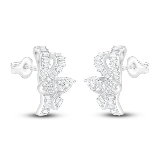 Pear, Baguette & Round-Cut Lab-Created Diamond Bow Stud Earrings | 2 ct tw | 14K White Gold - Image 2