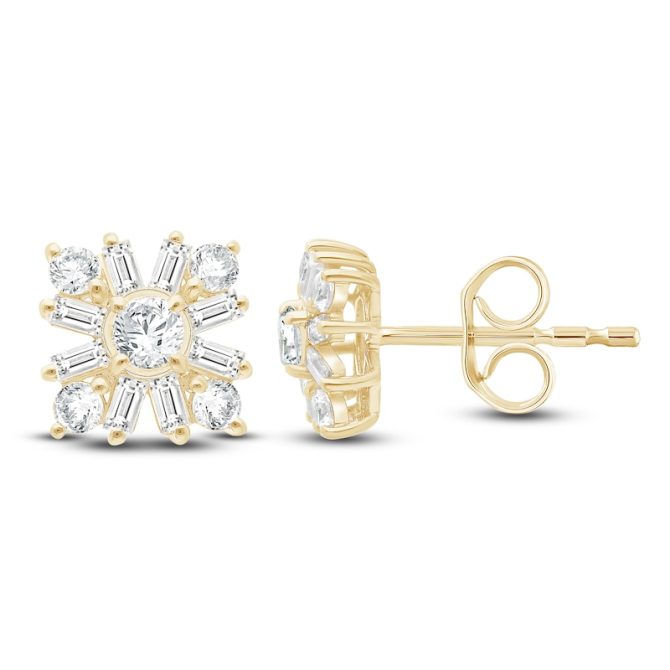 Baguette & Round-Cut Lab-Created Diamond Starburst Stud Earrings | 1 ct tw | 14K Yellow Gold