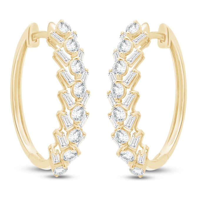 Baguette & Round-Cut Lab-Created Diamond Hoop Earrings | 2 ct tw | 14K Yellow Gold - Image 2